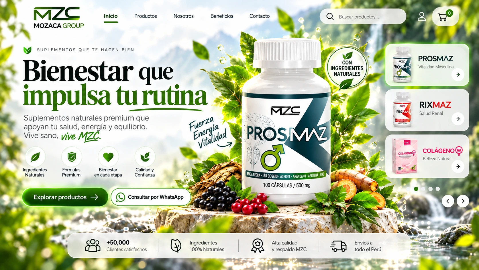Portada natural y luminosa de Mozaca Group con el producto Prosmaz destacado y tres opciones de suplementos.