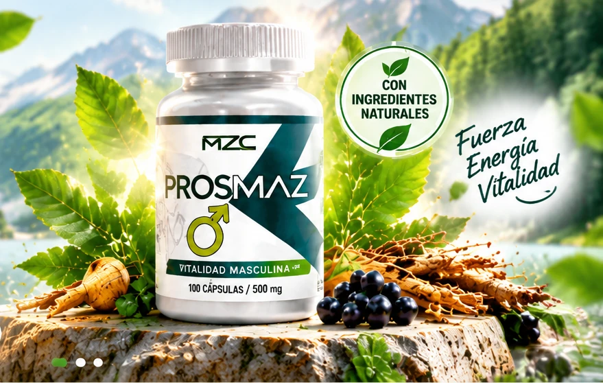 Presentación visual de Prosmaz sobre piedra natural, con paisaje de montañas, hojas y raíces